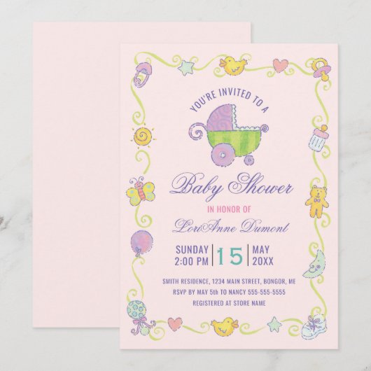 Invitation Sweet Dreams Carriage Baby shower rose (Devant / Derrière)