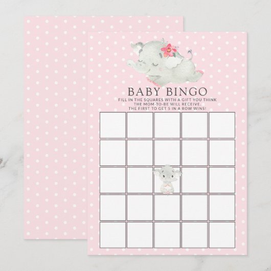 Invitation Sweet Elephant BINGO Baby shower Jeu (Devant / Derrière)