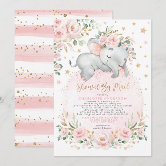 Invitation Sweet Elephant Blush Gold Baby shower par courrier (Devant / Derrière)