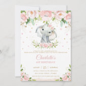 Invitation Sweet Elephant Blush rose Floral Or 1er anniversai (Devant)