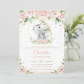 Invitation Sweet Elephant Blush rose Floral Or 1er anniversai (Debout devant)