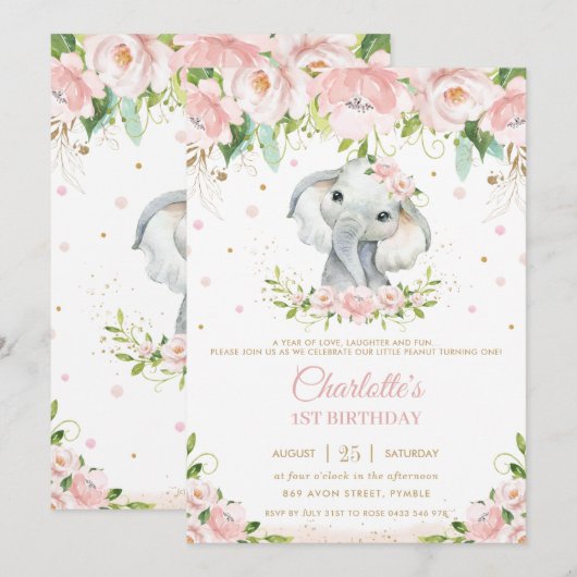 Invitation Sweet Elephant Blush rose Floral Or 1er anniversai (Devant / Derrière)