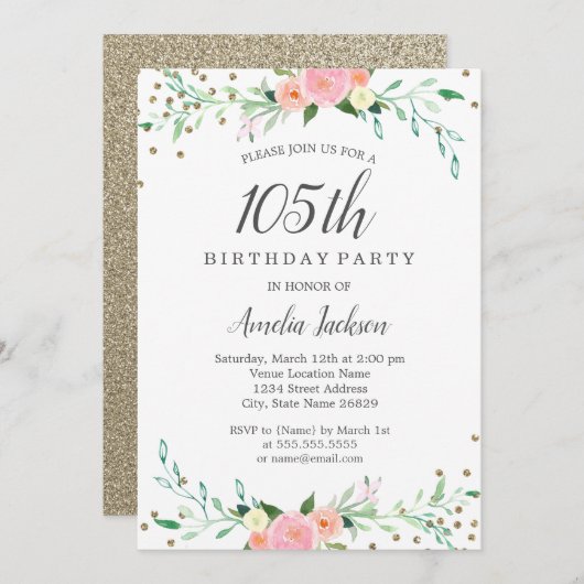 Invitation Sweet Floral Sparkle Confetti 105e fête d'annivers (Devant / Derrière)