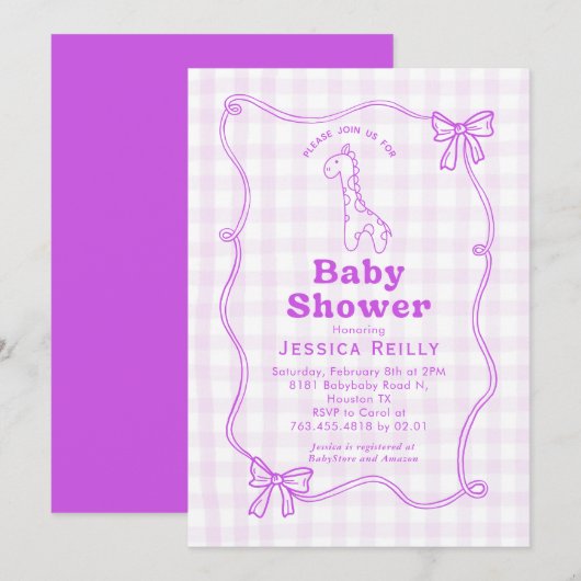 Invitation Sweet Giraffe Plaid Bow Elegant Baby Shower (Devant / Derrière)