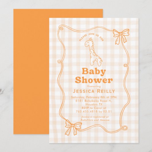 Invitation Sweet Giraffe Plaid Bow Elegant Baby Shower  (Devant / Derrière)