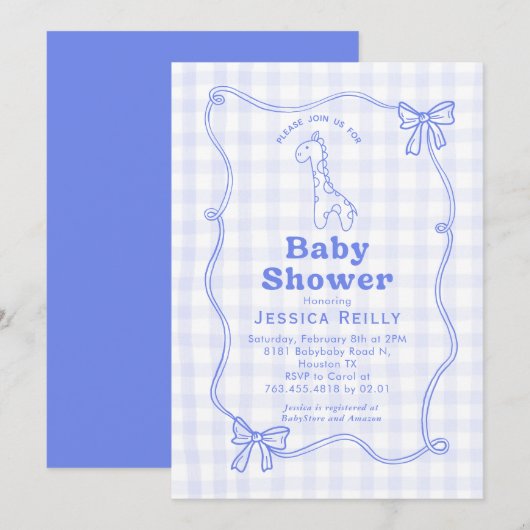 Invitation Sweet Giraffe Plaid Bow Elegant Baby Shower (Devant / Derrière)