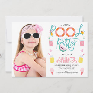 Invitation Sweet Girls Photo Summer Pool Party Anniversaire