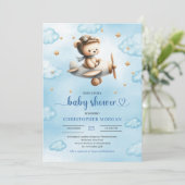 Invitation Sweet gold airplane bear theme boy baby shower (Debout devant)