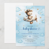 Invitation Sweet gold airplane bear theme boy baby shower (Devant / Derrière)