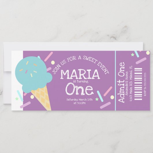 Invitation Sweet Ice Cream Sprinkings Anniversaire Ticket Par (Devant)