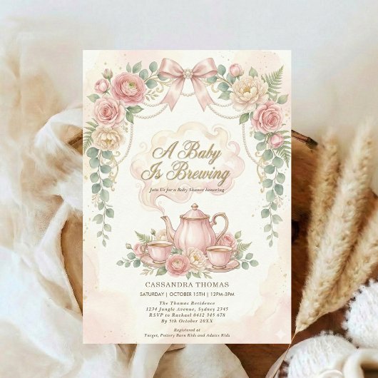 Invitation Sweet Is Brewing Blush Floral Baby Shower Tea