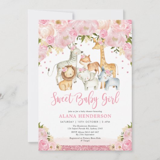 Invitation Sweet Jungle Safari Animaux sauvages Baby shower f (Devant)