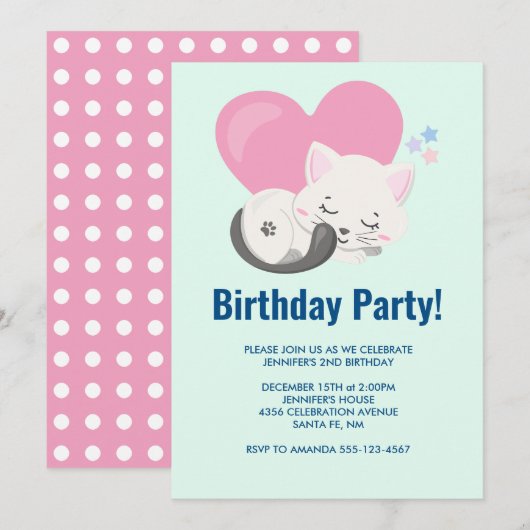 Invitation Sweet Kitty Chat Dormir avec un grand coeur Annive (Devant / Derrière)