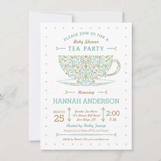 Invitation Sweet Lacy Teacup Baby shower genre neutre (Devant)