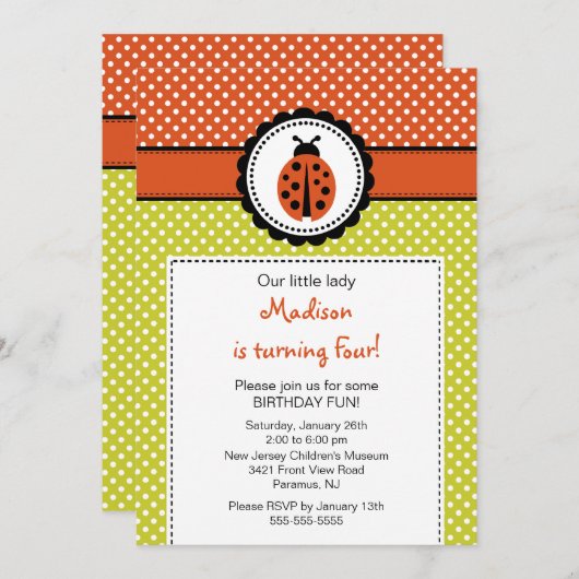 Invitation Sweet Ladybugs Pois de l'invitation d'anniversaire (Devant / Derrière)