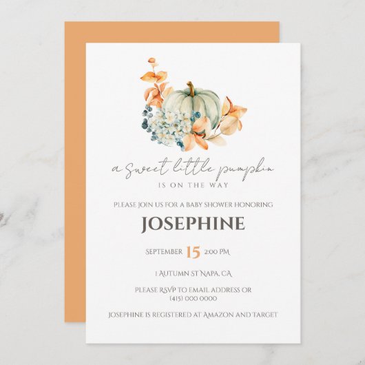 Invitation Sweet Little Citrouille Automne Baby shower Invita (Devant / Derrière)