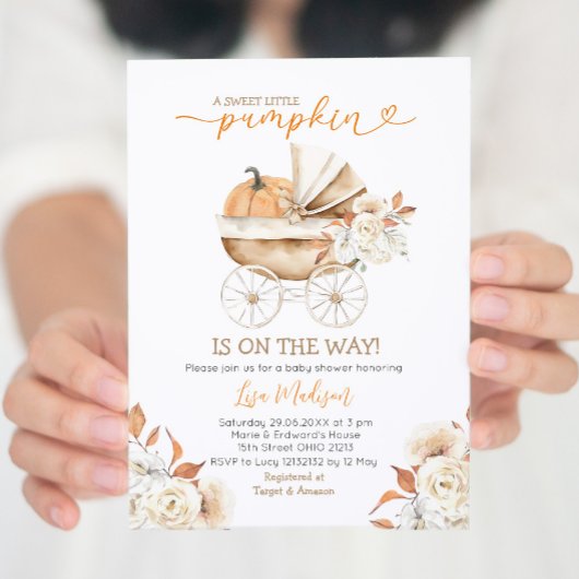 Invitation Sweet Little Citrouille Poussette Baby shower Flor