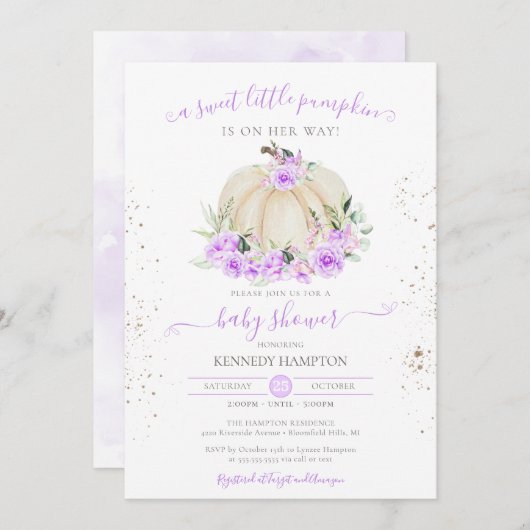 Invitation Sweet Little Citrouille Purple Rose Baby shower fi (Devant / Derrière)