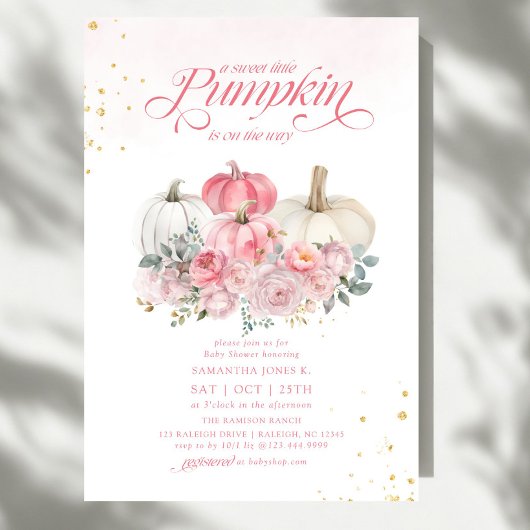 Invitation Sweet Little Citrouille Rose Floral Baby shower d'