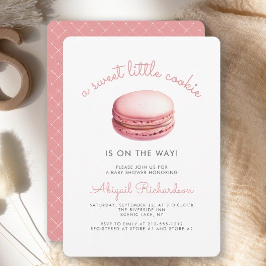 Invitation Sweet Little Cookie Macaron Baby shower fille rose