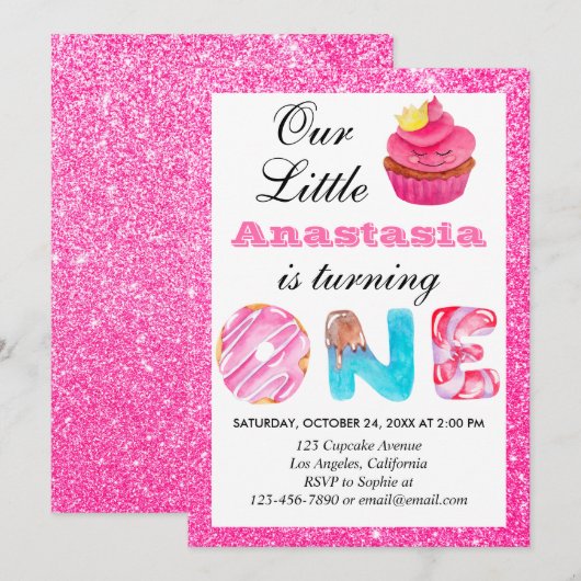 Invitation Sweet Little Cupcake Parties scintillant rose 1er  (Devant / Derrière)