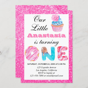 Invitation Sweet Little Cupcake Parties scintillant rose 1er