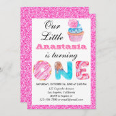 Invitation Sweet Little Cupcake Parties scintillant rose 1er (Devant / Derrière)