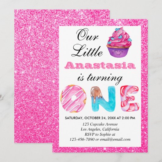 Invitation Sweet Little Cupcake Parties scintillant rose 1er  (Devant / Derrière)