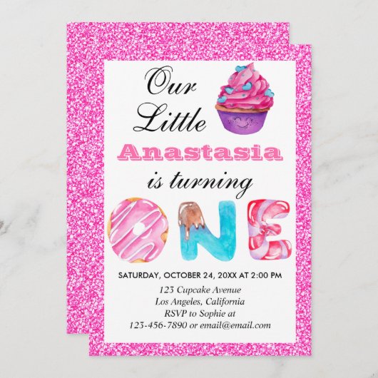 Invitation Sweet Little Cupcake Parties scintillant rose 1er  (Devant / Derrière)