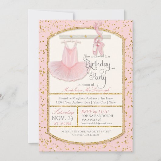 Invitation Sweet Little Girl Ballerina Ballet Anniversaire (Devant)