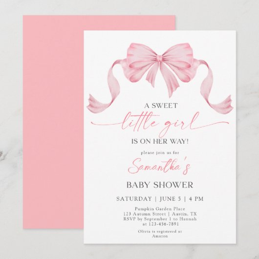 Invitation Sweet Little Girl Coquette Bow Baby shower frontal (Devant / Derrière)