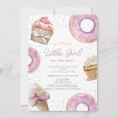 Invitation Sweet Little Girl Cupcake rose & Baby shower de be (Devant)