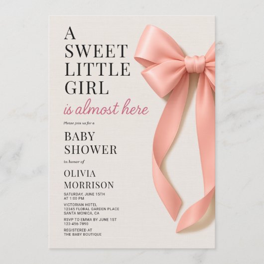 Invitation Sweet Little Girl is Almost Here Bow Baby Shower (Devant)