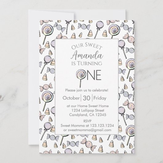 Invitation Sweet Little One Candy Thème 1er anniversaire (Devant)