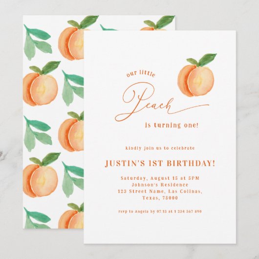 Invitation Sweet Little Peach Genre Neutre 1er anniversaire (Devant / Derrière)