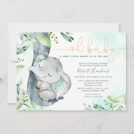 Invitation Sweet Little Peanut Boy Elephant Baby shower Invit (Devant)
