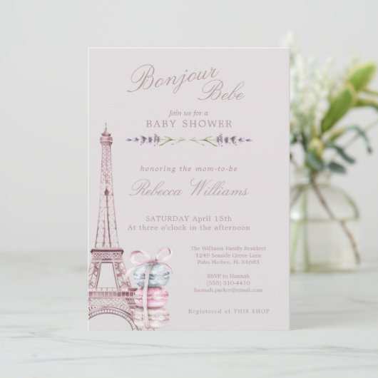Invitation Sweet Macaron Bonjour Bebe Paris Baby shower (Debout devant)