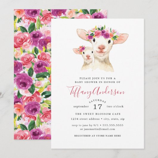 Invitation Sweet Maman Et Bébé Lamb Baby shower Floral (Devant / Derrière)