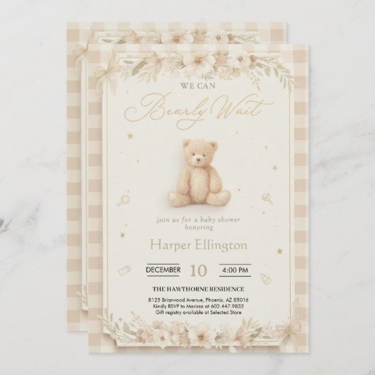 Invitation Sweet Neutral Teddy Bear Baby Shower Invite (Devant / Derrière)