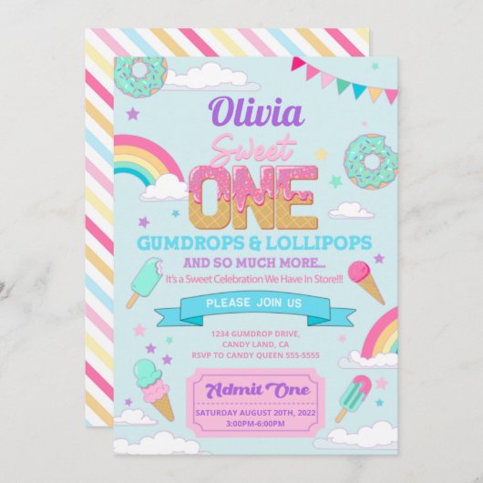 Invitation Sweet One 1er Anniversaire fête Candy Land Invitat (Devant / Derrière)