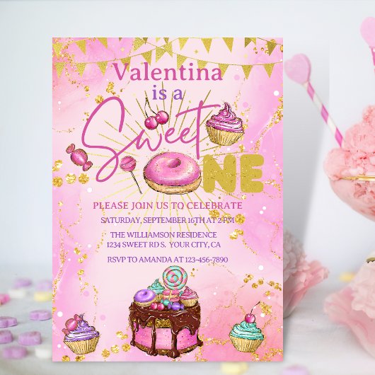 Invitation Sweet One 1er Anniversaire Rose Faux Parties scint