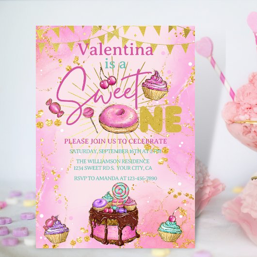 Invitation Sweet One 1er Anniversaire Rose Faux Parties scint