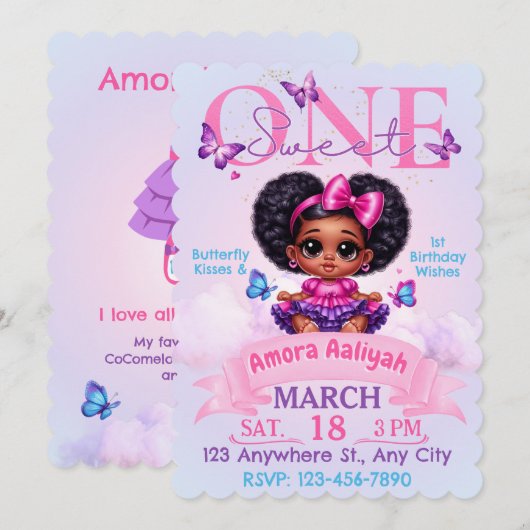 Invitation Sweet ONE Afro Puff Girl 1er Anniversaire Papillon (Devant / Derrière)