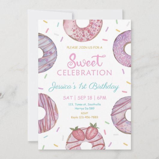 Invitation Sweet One aquarelle mignonne beignets 1er annivers (Devant)