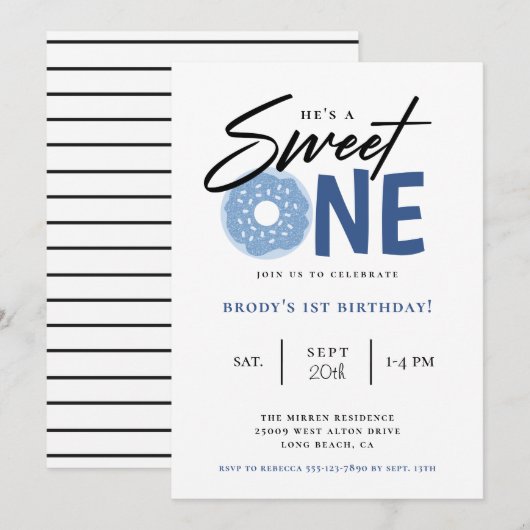Invitation Sweet One Blue Donut 1ère fête d'anniversaire (Devant / Derrière)