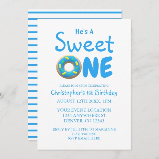 Invitation Sweet One Blue Donut Boy 1er anniversaire (Devant / Derrière)