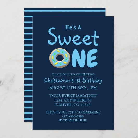 Invitation Sweet One Blue Donut Boy 1er anniversaire (Devant / Derrière)