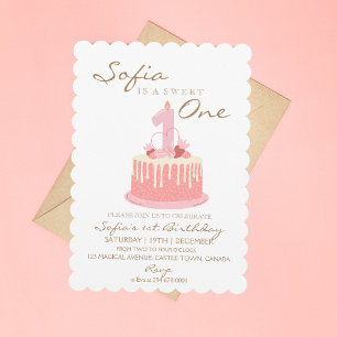 Invitation Sweet One Cake Candle Rose Girl Anniversaire fête 