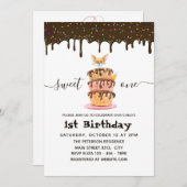 Invitation Sweet One Chat et séchage Chocolat 1s Anniversaire (Devant / Derrière)