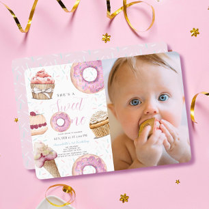 Invitation Sweet One Cupcake & Donuts Girl Photo 1er annivers